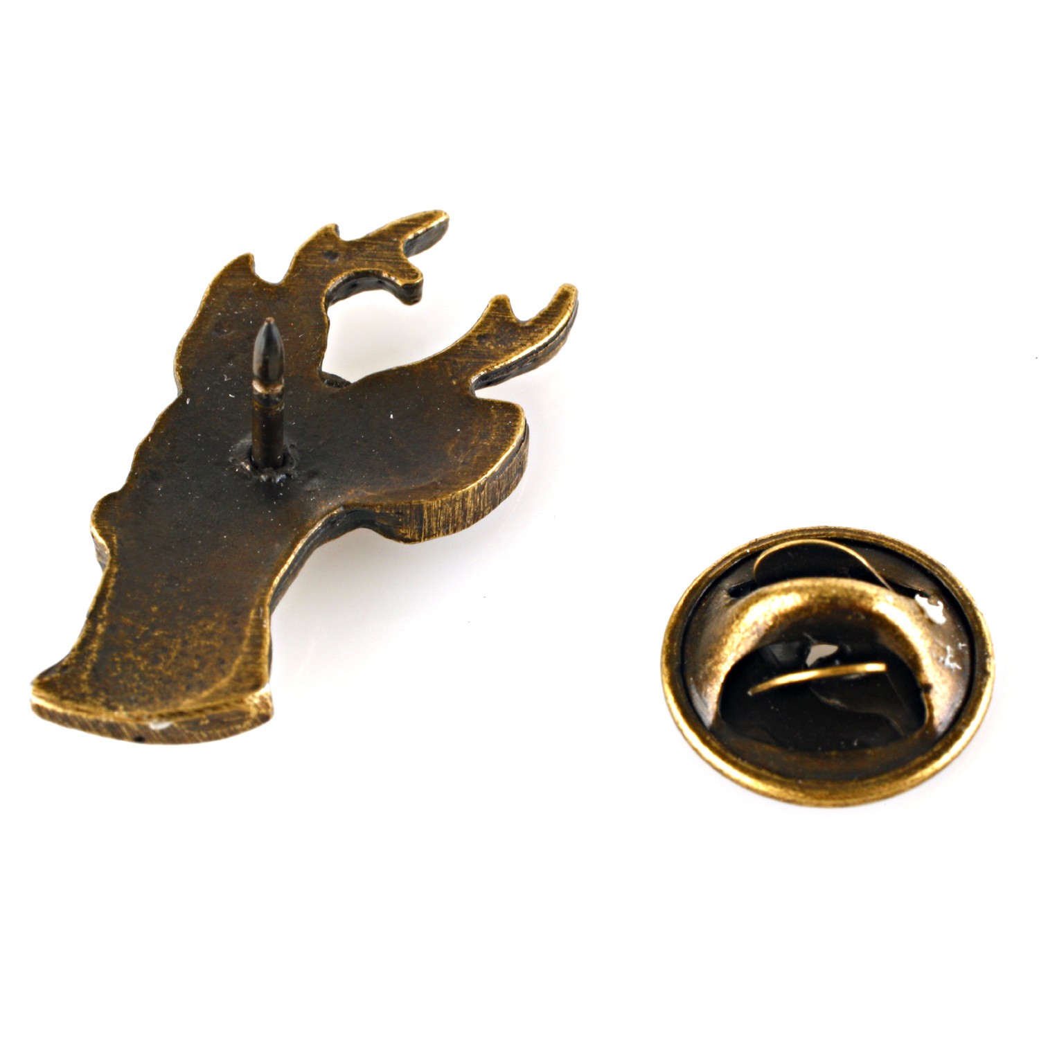 Pin / Hutanstecker Jagdhorn mit Rehbock aus Bronze (M-c5)